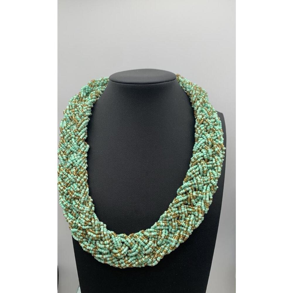 Vintage Light‎ Green And Gold Braided Seed Bead Necklace Boho Beauty